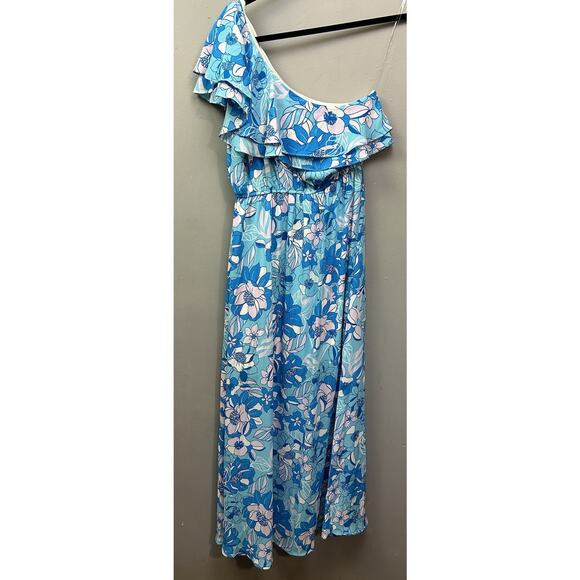 Emily Wonder One-shoulder Blue Maxi Dress Womens Medium Floral Long‎ Cottage - Picture 2 of 7
